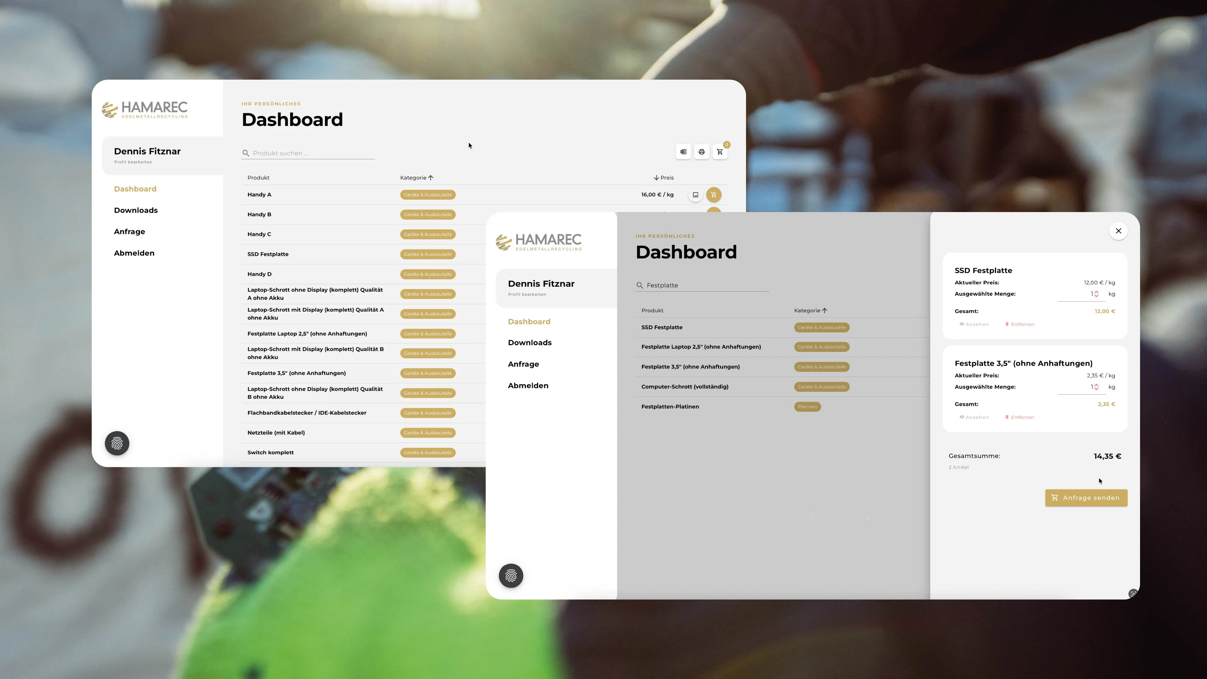 Hamarec Kundenportal Dashboard und Interface Design